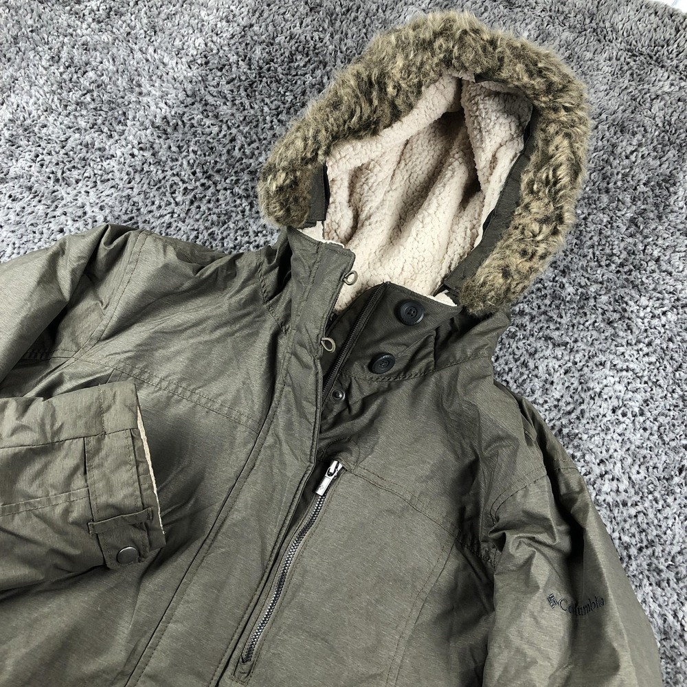 Columbia Parka‎ Coat Womens XL Green Thermal Coil Hooded Fur Insulated Winter
